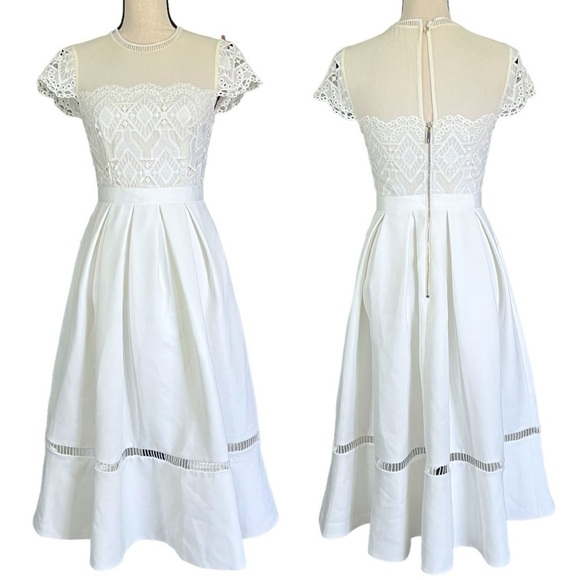 Ted Baker White Frizay Lace Bodice Pleated Tea Length Dress sz 2 - Picture 13 of 15
